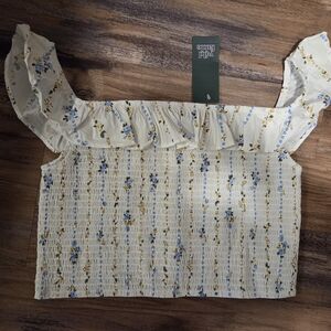 NEW Cream Floral Smocked Off-Shoulder Crop Top with Blue & Yellow Flowers